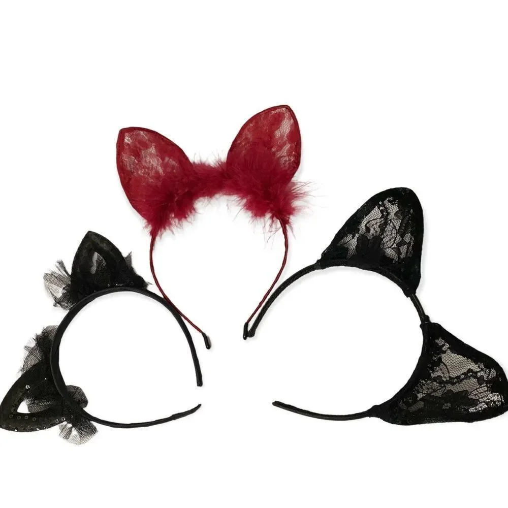 Black Lace Sequins Cat Ears Headband Cosplay Hair Accessory NEW